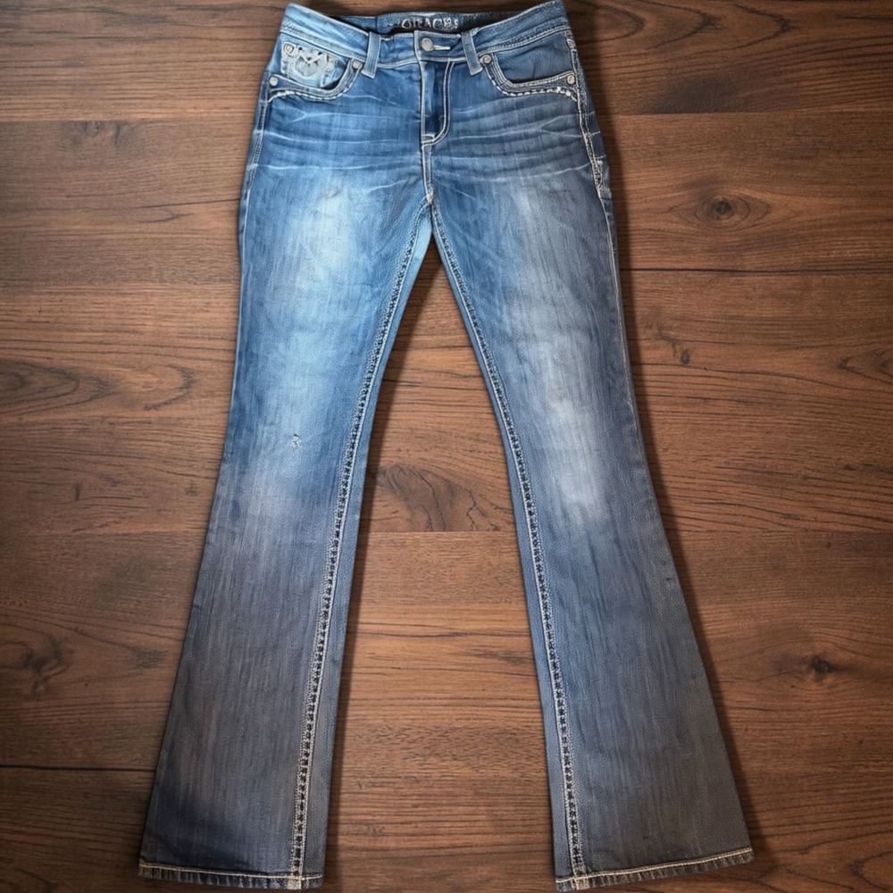 Grace in LA Jeans 28 Bootcut Rhinestone Embroidered Y2K Distressed Embellished - Picture 2 of 14